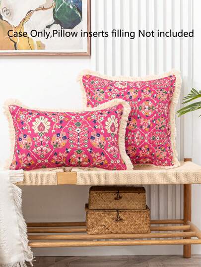 1 件复古亚麻风格花卉印花枕套，带流苏饰边，家居装饰靠垫套，适用于沙发或床，无填充物