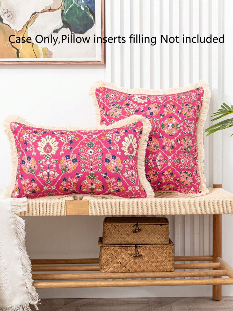 1pc Retro Linen Style Floral Print Pillowcase With Tassel Trim, Home Decor Cushion Cover For Sofa Or Bed, No Filling