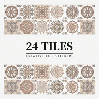 24pcs Hanging Decorative Tiles, Art Flower Brick Wall Stickers, Self Adhesive Creative Mandala Style Tile Stickers, Peel And Stick Tile Splash Guard Removable Waterproof Self Adhesive Square Wall Stickers, For Kitchen Bathroom Living Room