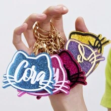 客製化可愛貓頭元素設計鑰匙扣，紀念生日禮物，驚喜禮物，寵物貓名紀念禮物，學校用品老師禮物返校學生禮物，老師配件 - 紫色 - 查看 3