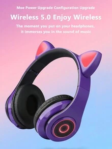 Cute Cat Ears Light Up Headband Wireless 5.0 Foldable Wireless Headset-Purple - Purple - View 2
