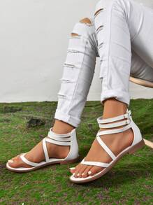 Women's Flat Roman Sandals, Casual Open Toe Summer Sandals, Ladies' Gladiator Sandals With Metal Buckles And Solid Color - White - View 6