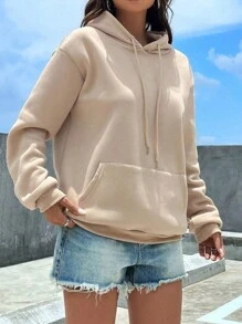 Women's Sweatshirt Kangaroo Cold Weather Blouse With Plain Hood Coat Premium Winter Blouse - Màu Khaki - Xem 2