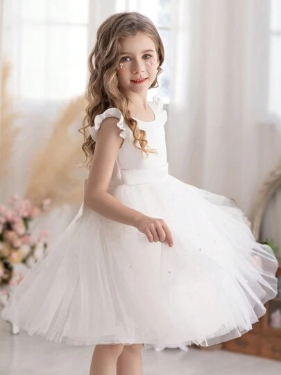 Young Girl White Ruffled Mesh Trim Party Dress, Elegant Princess Style Dress Suitable For Girls Birthday Party, Christmas Gift, Formal Dinner, Wedding, Casual Daily Wear