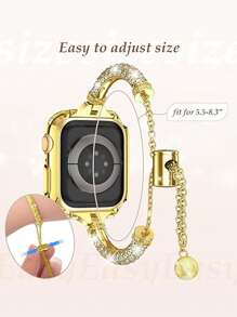 2条女士闪亮金色表带+保护壳，2026夏季新款优雅金色/玫瑰金奢华闪耀水晶钻石PC表框，双排水晶钻石保护壳，以及全水晶钻石可调节圆柱形表带，兼容 Ultra3/2/1/SE S10/S11/S9/S8/S7/S6/S5/S4/S3系列