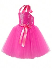 1pc Girls' Pink Princess Tulle Tutu Dress With Headband For Daily & Casual Wear - Hot Pink - View 3