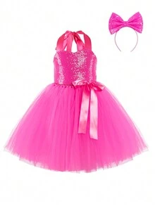 1pc Girls' Pink Princess Tulle Tutu Dress With Headband For Daily & Casual Wear - Hot Pink - View 2