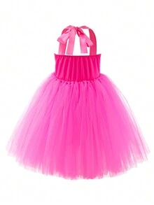 1pc Girls' Pink Princess Tulle Tutu Dress With Headband For Daily & Casual Wear - Hot Pink - View 4