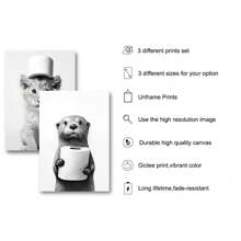 Set Of 3 Frameless Cute Black White Animal Bathroom Funny Poster Otter Lion Elephant With Toilet Paper Wall Art Modern Canvas Painting Print Wall Picture For Home Decoration - Apricot - View 5