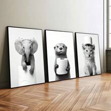 Set Of 3 Frameless Cute Black White Animal Bathroom Funny Poster Otter Lion Elephant With Toilet Paper Wall Art Modern Canvas Painting Print Wall Picture For Home Decoration - Apricot - View 1