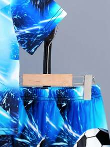 Young Boy 2pcs/Set Sportswear Inspired By Football - Breathable 3D T-Shirt And Shorts Creatively Printed, Suitable For Summer Games - Blue - View 3