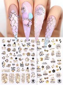 2片海螺美人魚指甲貼紙，黑金色海馬鯨魚動物設計滑動DIY指甲藝術裝飾，葉子海洋海灘夏季指甲貼花 - 彩色 - 查看 1