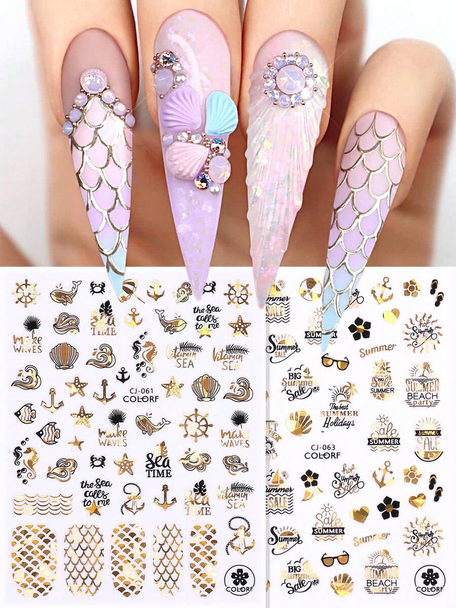 2片海螺美人魚指甲貼紙，黑金色海馬鯨魚動物設計滑動DIY指甲藝術裝飾，葉子海洋海灘夏季指甲貼花 - 彩色 - 查看 1