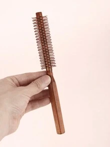 1pc Cylindrical Wooden & Aluminum Hair Brush, Solid Color, For Hairstyling, Suitable For Curly Hair, Bangs, Hair Brush, Hairdressing Tools, Hairdressing Products And Accessories, Essential For Salons, Back To School, Travel - Red - View 4