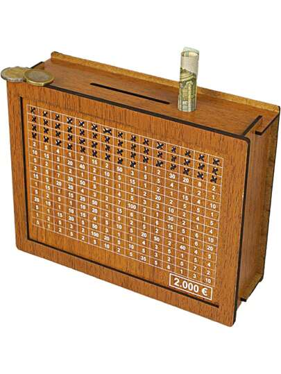 1.000/2.000/3.000/5.000/10.000 Euro, 1.000/2.000/3.000/5.000/10.000 Dólares, Cofre Cofrinho de Madeira com Meta de Poupança e Caixas Numeradas