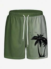 Men's Summer Quick-Dry Single-Layer Unlined Beach Shorts, Holiday Casual Outdoor Coconut Tree Gradient 3D Digital Print Pattern, Fashionable Casual Daily Elastic Drawstring Waist Shorts - Green - View 3
