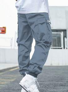 2 piezas Pantalones cargo casuales para niños preadolescentes para deportes y actividades al aire libre con bolsillos grandes y decoración de cinta, para primavera/otoño - Neblina azul - Ver 6