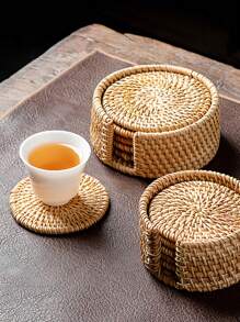 1pc Rattan Cup Pad Coaster Set For Dining Room, Living Room, Kitchen, Suitable For Wedding, Party, Gift, Birthday, Christmas - Brown - View 2