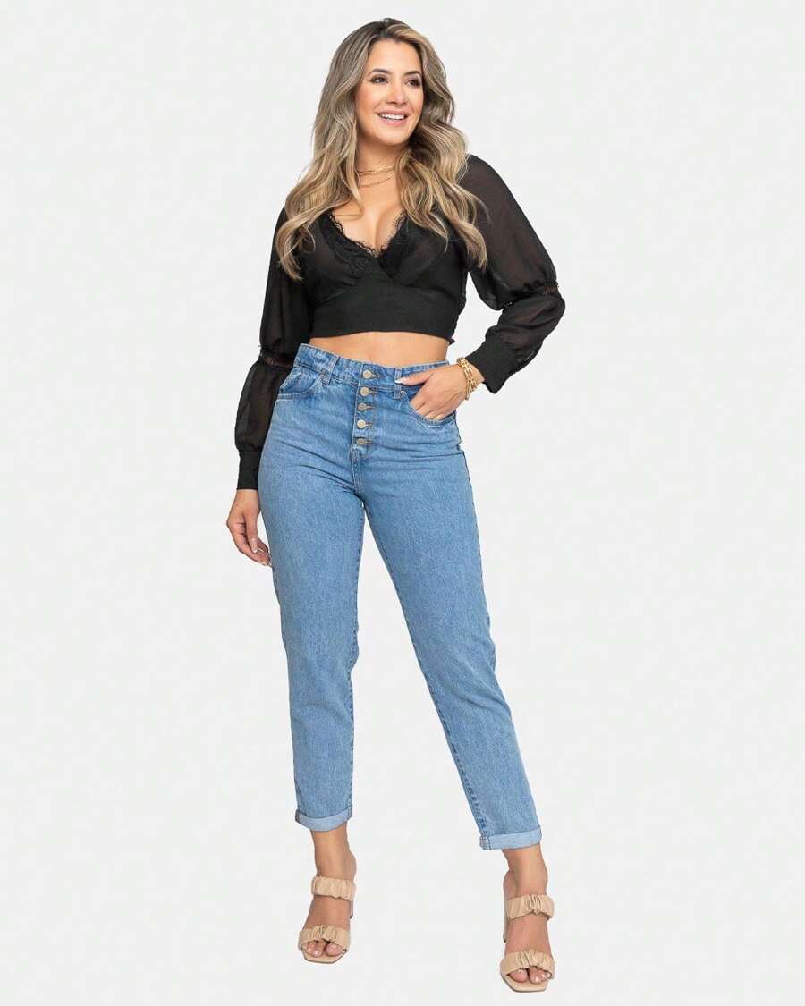 Women Jeans - 中等水洗藍 - 查看 1