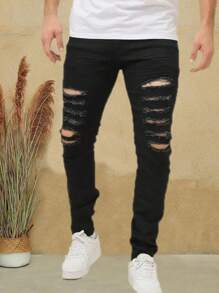 Modas Bolso Simples Calça Jeans Masculina Preta Slim Com Lycra Rasgadas Alta Qualidade - Preto - Visão 1