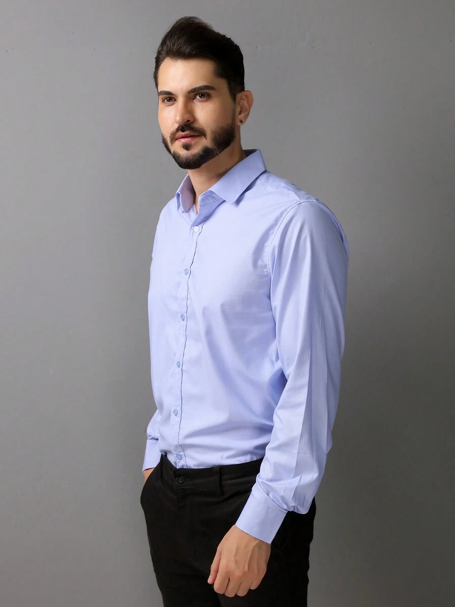 camisa social manga longa lisa  não amassa passa fácil - Azul bebê - Visão 1