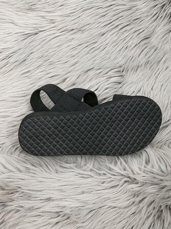 Women's Fashionable Solid Black Wedge Shoes With Classic Weave Elastic Strap