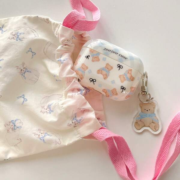 Cute Blue Bear Bow Earphone Case Compatible With Airpods Pro2/AirPods Pro/AirPods 3/AirPods 2/AirPods 4