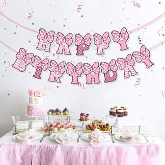 1 套黑色和粉色生日快乐横幅，粉色老鼠生日旗，适合粉色派对、生日主题派对装饰、圣诞节