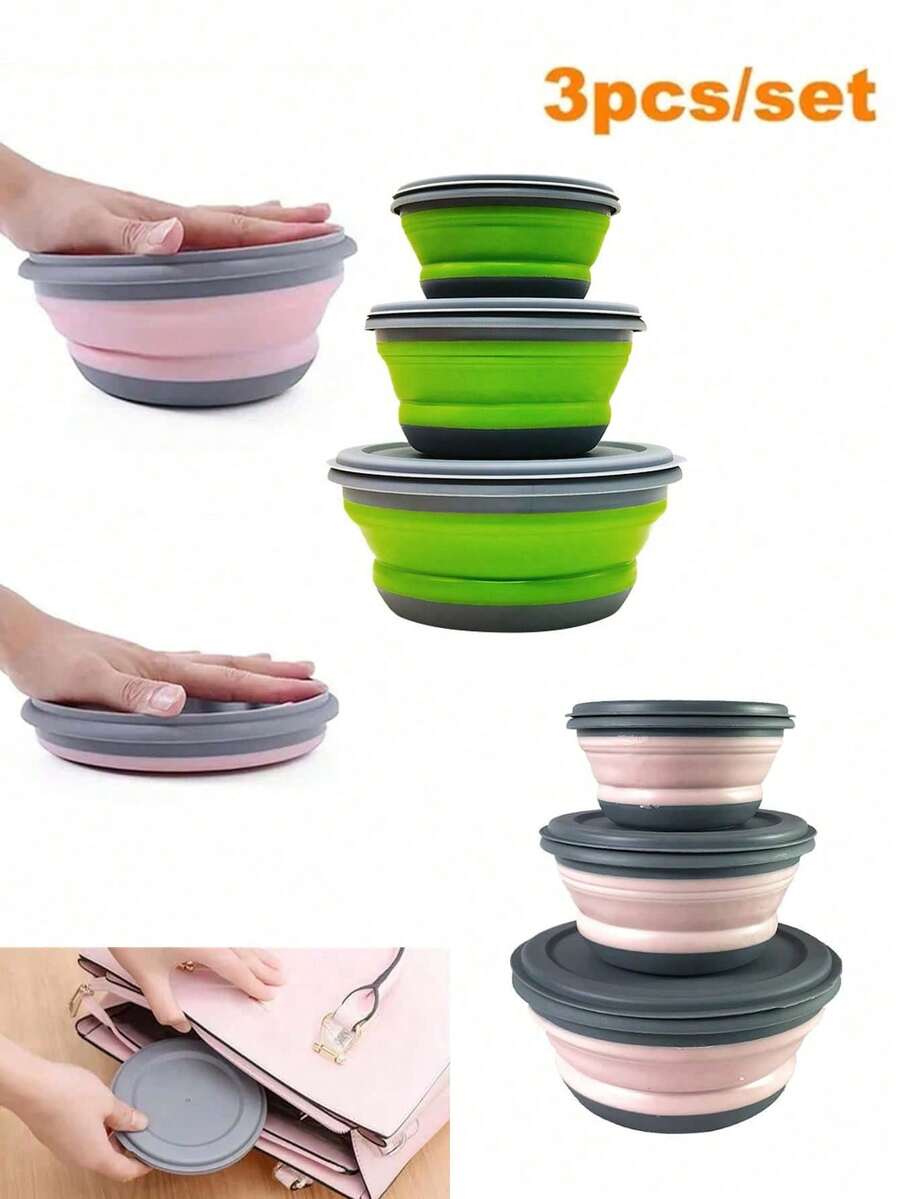 3pcs/Set Portable Folding Bowl Telescopic Collapsible Salad Bowl For Kitchen Outdoor Camping Tableware Folding Lunch Box With Lid Portable Picnic Bowl Set Kitchen Tableware Kit Foldable Fruit Salad Bowl College Dorm Essentials Ready For School - Green - View 1