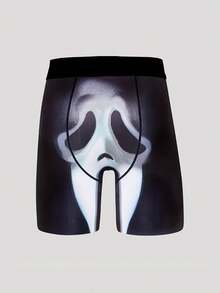 1pc Black & White Skull Mask Printed Sport Men's Breathable Comfortable Boxer Briefs - Black - View 3