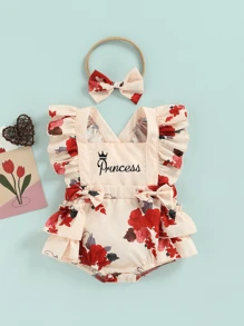 2Pcs Baby Girl Outfits Flower Print Cap Sleeve Square Neck Bodysuit + Decorative Bow Headband Clothes Set - Apricot - View 1