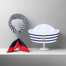 蓝白条纹船长帽水手帽围巾套装，男女通用海军服装，适合派对舞台表演、护士帽、贝雷帽万圣节