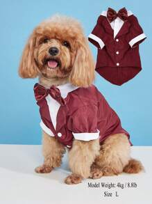 1 pieza Camisa de Perro Estilo Esmoquin con Pajarita Festiva Color Burdeos Estructurada 2 en 1 Multicolor con Botón Traje para Mascotas - Burdeos - Ver 2
