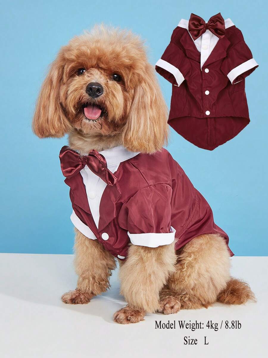 1 pieza Camisa de Perro Estilo Esmoquin con Pajarita Festiva Color Burdeos Estructurada 2 en 1 Multicolor con Botón Traje para Mascotas