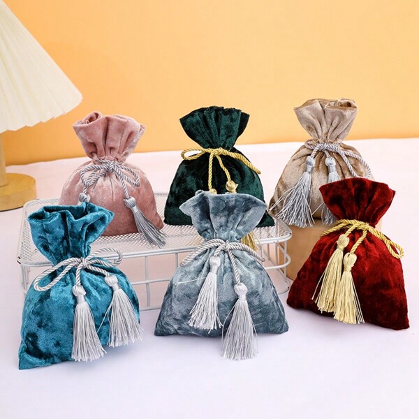 10 unidades de sacolas de veludo com borlas e laços para joias, ideais para casamentos, chás de bebê, noivados, aniversários, festas e presentes de inauguração (dica: capacidade limitada após o cordão. Clientes que desejam grande capacidade, por favor, tenham cuidado) (tamanho plano 14 x 10 cm, 6 cores: vermelho, rosa, champanhe, azul, cinza, verde)