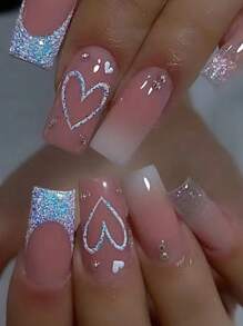 Conjunto de uñas postizas de corazón francés con purpurina azul de 24 piezas, uñas falsas cuadradas medianas con gradiente brillante y diseño de diamantes de imitación reutilizables con pegamento para uñas, acrílico y suministros de uñas artificiales para mujeres. El kit incluye lima de uñas y pegamento para uñas. Set de arte de uñas blanqueadoras con uñas postizas desmontables para festivales, fiestas, citas y uso diario. Regalo para niñas, madres y mujeres. - Multicolor - Ver 1