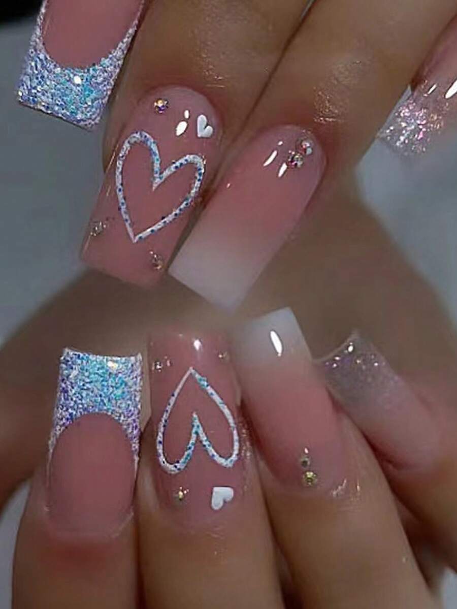 Conjunto de uñas postizas de corazón francés con purpurina azul de 24 piezas, uñas falsas cuadradas medianas con gradiente brillante y diseño de diamantes de imitación reutilizables con pegamento para uñas, acrílico y suministros de uñas artificiales para mujeres. El kit incluye lima de uñas y pegamento para uñas. Set de arte de uñas blanqueadoras con uñas postizas desmontables para festivales, fiestas, citas y uso diario. Regalo para niñas, madres y mujeres. - Multicolor - Ver 1
