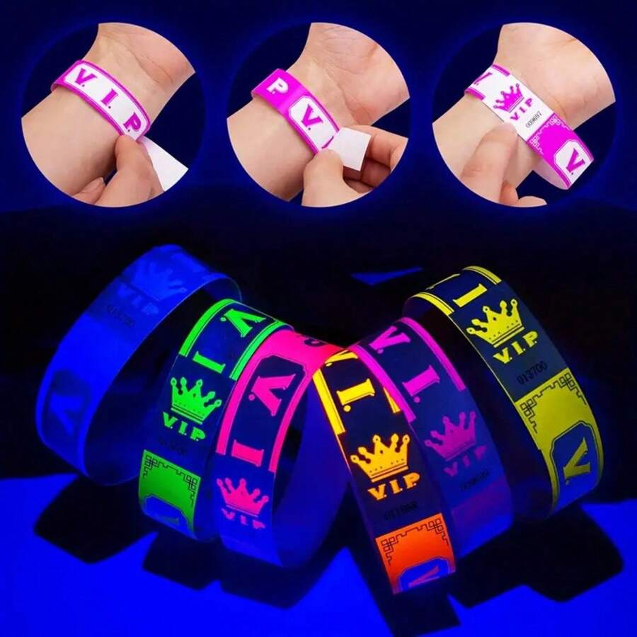 100 piezas Pulseras de neón VIP a prueba de agua para eventos, pulseras de papel VIP, pulseras VIP, pulseras ligeras para fiestas, clubes, parques, conciertos y festivales - Multicolor - Ver 1