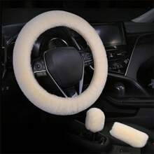 Juego de 3 piezas Cubiertas universales de volante de coche de peluche, cubierta de freno de mano y palanca de cambios de invierno esponjosa, accesorios para el coche