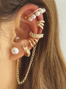 8入組珍珠流蘇鍊式耳夾套裝，創意朋克風格耳環 - 耳飾 - 查看 1