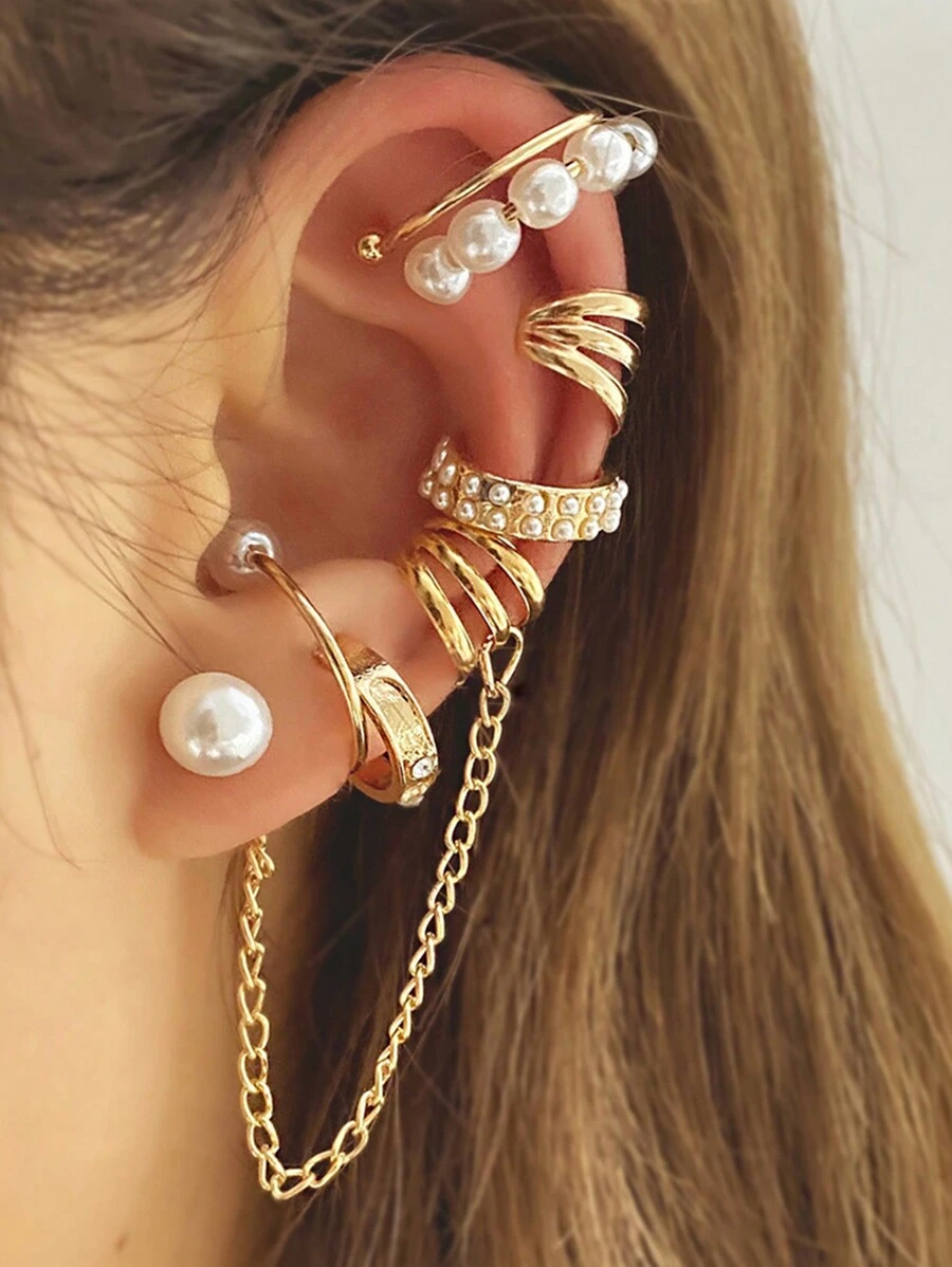 8入組珍珠流蘇鍊式耳夾套裝，創意朋克風格耳環 - 耳飾 - 查看 1