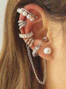8入組珍珠流蘇鍊式耳夾套裝，創意朋克風格耳環 - 耳飾 - 查看 3