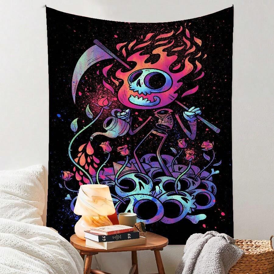 抽菸嬉皮酷女人螢光織錦，桃皮絨紫外線黑光美學掛毯牆掛，客廳臥室宿舍裝飾，免費安裝配件，輕鬆掛起 - 彩色 - 查看 1