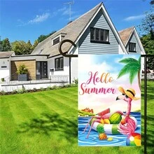 1入組Hello Summer火烈鳥庭院旗幟，迎接夏天的熱帶海洋湖泊游泳池庭園季節性夏日戶外12 X 18英寸庭園裝飾雙面，家居裝飾、庭院裝飾、戶外裝飾、草坪裝飾，僅限旗幟 - 彩色 - 查看 4