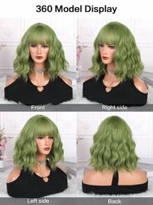 Zielone krótkie falowane peruki z grzywką 14-calowe peruki damskie syntetyczne peruki odporne na ciepło modne peruki damskie codzienne używane włosy przyjazne dla początkujących, odpowiednie na różne okazje, w tym imprezy, wakacje, na festiwale, do cosplayu. - Zielony - Zobacz 5