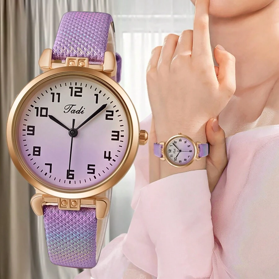 1pc Women's Elegant, Lovely And Colorful Leather Strap Gradient Dial Quartz Wristwatch, Girl Style - Purple - View 1