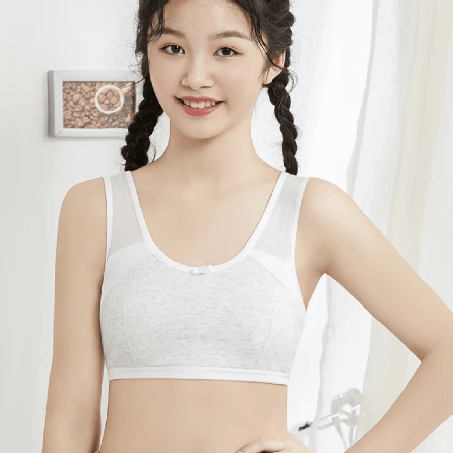 青春期少女内衣，小学生初中女生发育期背心，青春期少女网纱吊带背心，双层轻薄防凸点 - 淺灰色 - 查看 1