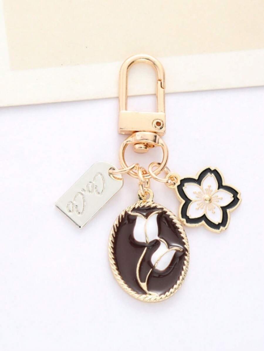 1入新款女士郁金香花形鑰匙扣，創意櫻花字母標籤裝飾手提袋或最佳閨蜜禮物 - 黑與白 - 查看 1