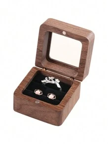 CASEGRACE 1pc Square Design Wooden Ring Box, Simple Wood Clear Panel Design Jewelry Box For Home, Valentine's Day Gift Storage Box For Girl Women Sun Travel Cool