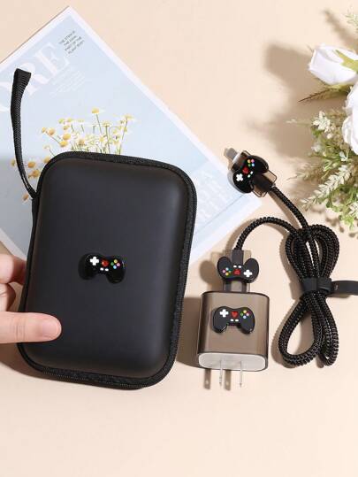 黑色游戏机+EVA数据线收纳包，1.5米绕线夹，防断TPU充电头保护套，6件套兼容苹果20W快充数据线保护套，充电器保护套